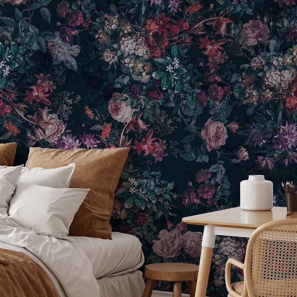 Dark Floral Peel and Stick Wallpaper Botanical Wall Mural Dark Floral Black Wallpaper Vintage Floral Wallpaper Wall Mural Large Wallpaper