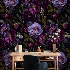 Moody Gothic Dark Floral Wallpaper Peel and Stick - Large Vintage Purple Flowers on Black Background Wallpaper, Temporary Wall Art EW272