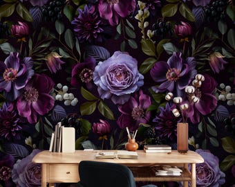 Moody Gothic Dark Floral Wallpaper Peel and Stick - Large Vintage Purple Flowers on Black Background Wallpaper, Temporary Wall Art EW272