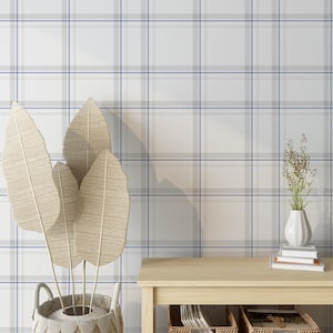 Classic Blue and Gray Plaid Vinyl Wallpaper Peel and Stick - Neutral Modern Geometric Tartan Temporary Wallcovering for Cozy Room Decor E140