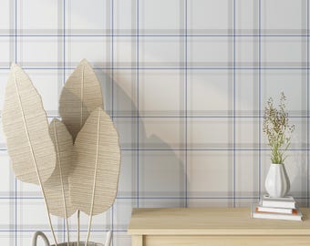 Classic Blue and Gray Plaid Vinyl Wallpaper Peel and Stick - Neutral Modern Geometric Tartan Temporary Wallcovering for Cozy Room Decor E140