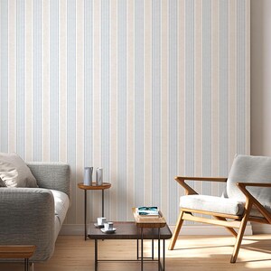 Light Blue Farmhouse Striped Self Adhesive Wallpaper – Blue & Beige Elegant Temporary Renters Wallpaper for Living Room, Kitchen