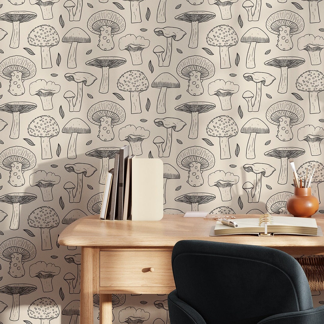 Black Whimsical Mushroom Self Adhesive Wallpaper - Woodland Mushroom ...