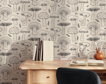 Black Whimsical Mushroom Self Adhesive Wallpaper - Woodland Mushroom Wall Decor in Boho Style Luxury Temporary Wallpaper for Apartment