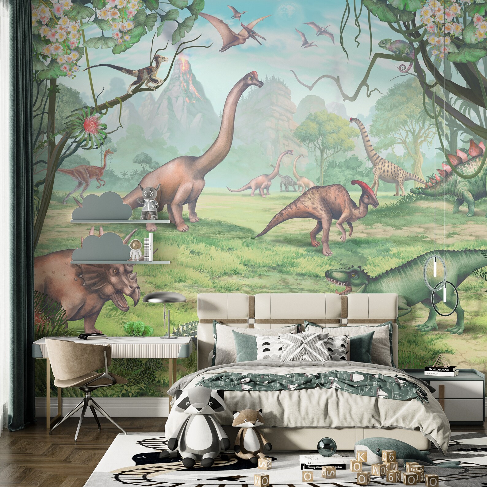 Dinosaur Wallpaper Nursery Mural - Jurassic Jungle Forest With Cute ...