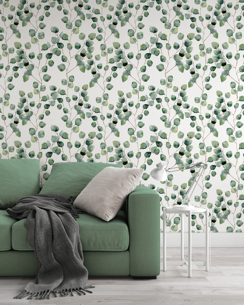 Removable Wallpaper Eucalyptus Mural Wallpaper Botanical Green Etsy