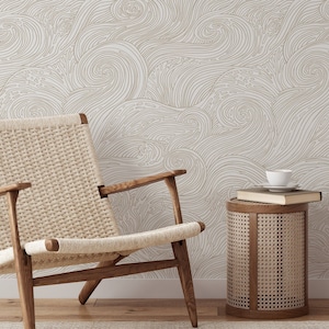Beige Boho Style Coastal Wallpaper Peel and Stick - Minimalist Nautical Waves Modern Self Adhesive Temporary Wallpaper for Renters EW17