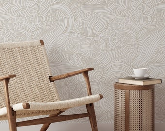 Beige Boho Style Coastal Wallpaper Peel and Stick - Minimalist Nautical Waves Modern Self Adhesive Temporary Wallpaper for Renters EW17