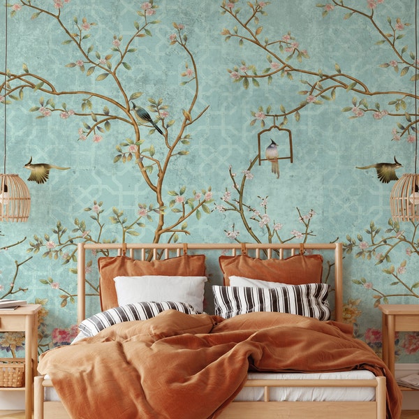 Vintage Chinoiserie Wallpaper Peel and Stick Mural -  Tree Bird and Flower on Blue Grunge Background Temporary Nature Wallpaper for Renters