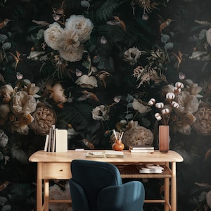 Vintage Dark Floral Wallpaper Peel and Stick - Botanical Modern Dark Floral Home Decor, Luxury Temporary Wallcovering