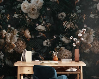 Vintage Dark Floral Wallpaper Peel and Stick - Botanical Modern Dark Floral Home Decor, Luxury Temporary Wallcovering