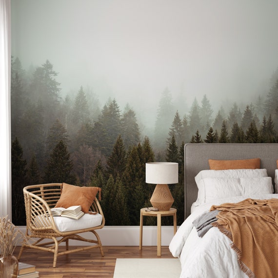 Removable Wallpaper,Fog in the Forest,Peel&Stick,Wall store Mural,Pine-tree,Self Adhesive or Vinyl