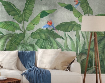 Tropical Green Leaves and Bird Wallpaper Mural - Temporary Palm Leaf Jungle Peel and Stick Nursery Wallpaper
