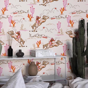 Cute Texas Cowgirl Peel and Stick Wallpaper - Light Pink Western Motif Cowgirl Rodeo Bull and Horse, Desert Cactus Temporary Wallpaper EW256