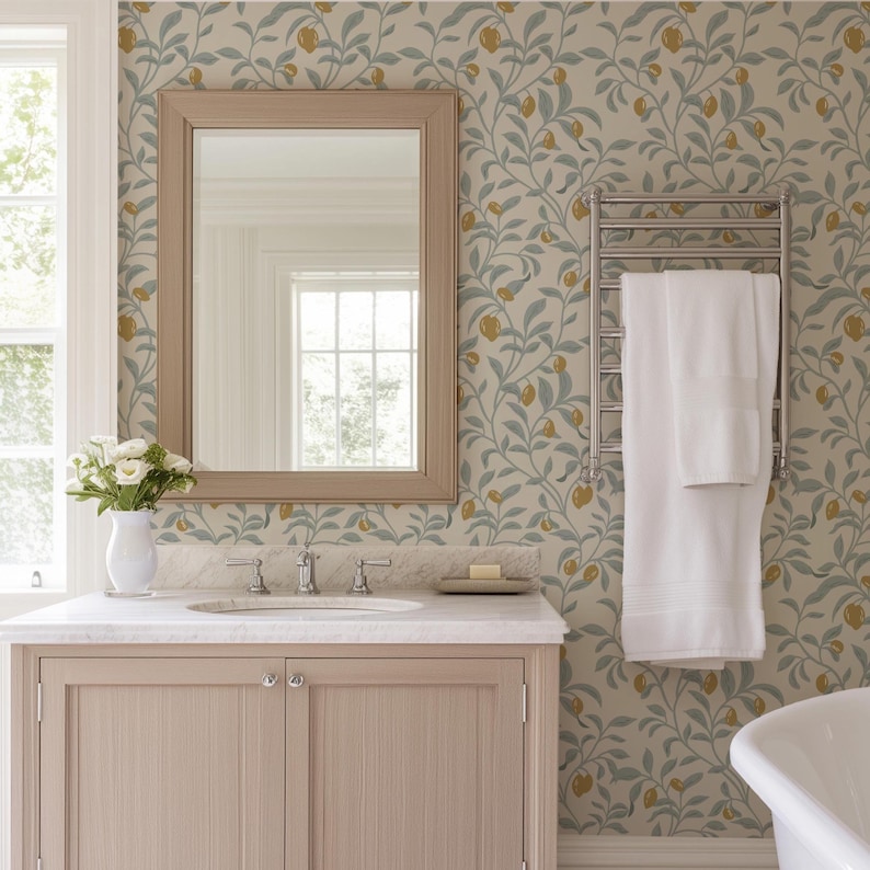 Dusty Green Olive Tree Wallpaper Peel and Stick - Modern Mediterranean Self Adhesive Wallpaper,Olive Branch Farmhouse Accent Wall Design
