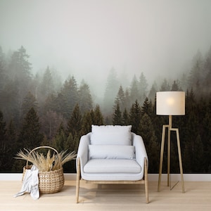 Forest Wallpaper Peel and Stick Landscape Wall Mural Trees Wallpaper Foggy Forest Mural Pine Tree Nature Wallpaper