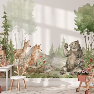 Scenic Woodland Wallpaper Peel and Stick Mural - Nursery Green Tree Forest and Animals Baby Wallpaper,Boy or Girl Nursery Playroom Wallpaper