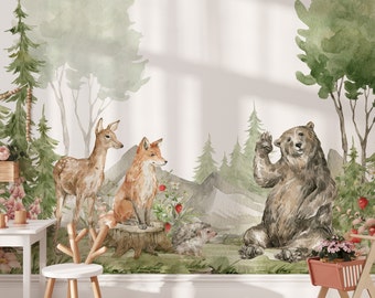 Scenic Woodland Wallpaper Peel and Stick Mural - Nursery Green Tree Forest and Animals Baby Wallpaper,Boy or Girl Nursery Playroom Wallpaper