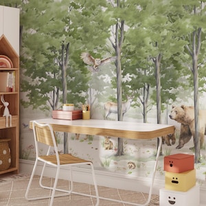 Watercolor Enchanted Forest Peel Stick Mural Wallpaper - Green Trees with Woodland Animals Temporary Wallpaper Mural for Boy or Girl Room