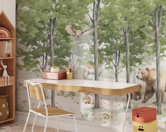 Watercolor Enchanted Forest Peel Stick Mural Wallpaper - Green Trees with Woodland Animals Temporary Wallpaper Mural for Boy or Girl Room