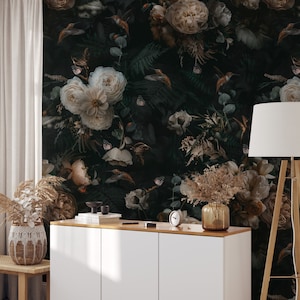 Dark Floral Wallpaper Peel and Stick Botanical Wall Mural Black Wallpaper Vintage Floral Wallpaper Wall Mural Large Wallpaper