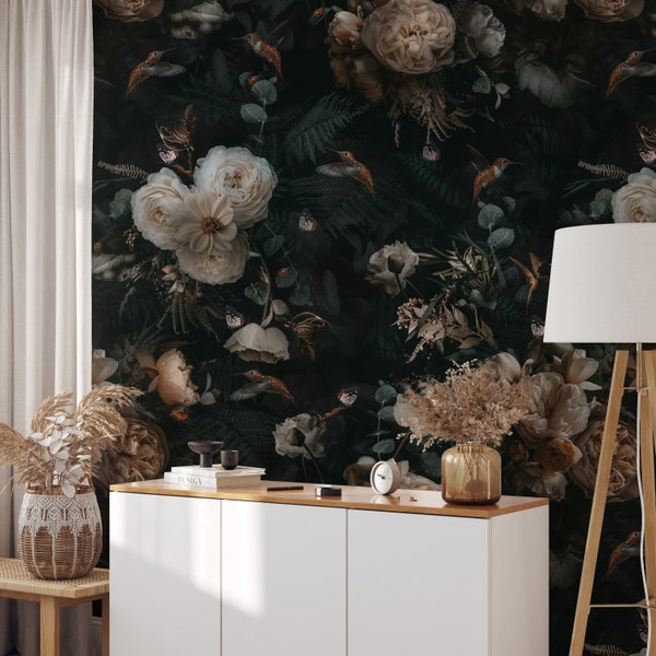 Dark Floral Wallpaper Peel and Stick Botanical Wall Mural Black Wallpaper Vintage Floral Wallpaper Wall Mural Large Wallpaper