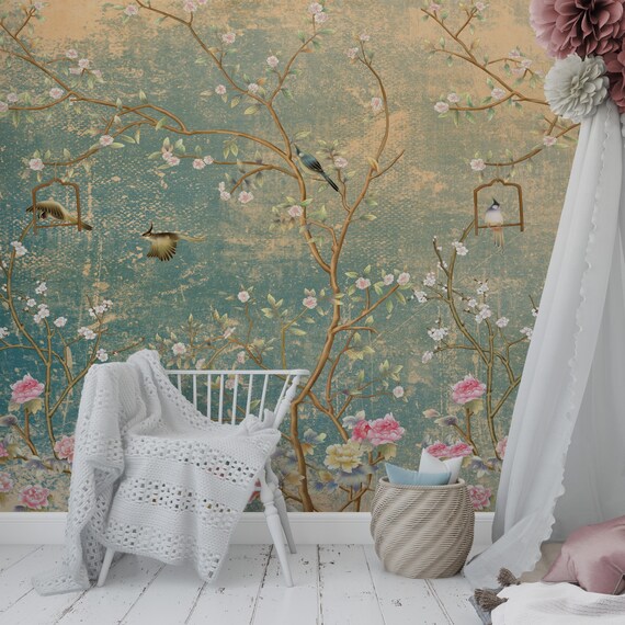 Peel and Stick Wallpaper Vintage Florals on Grunge Wall Birds Etsy