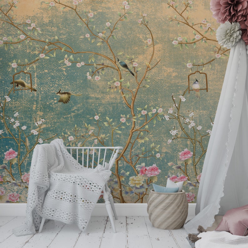 Peel and Stick Wallpaper Vintage Florals on Grunge Wall Birds - Etsy