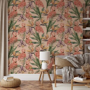 Peel and Stick Wallpaper Pink Flamingo Wallpaper Flamingo Wall Mural Pink and Green Tropical Wallpaper Removable Wall Mural