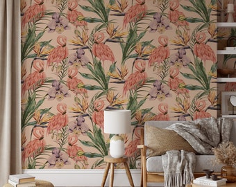 Peel and Stick Wallpaper Pink Flamingo Wallpaper Flamingo Wall Mural Pink and Green Tropical Wallpaper Removable Wall Mural