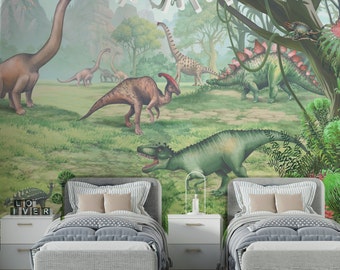 Watercolor Dinosaur Wallpaper Nursery Jurassic Story - Cute Dino in Jungle Forest Nursery Mural Wallpaper Peel and Stick for Kids Room