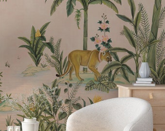 Antique Jungle Landscape Mural Wallpaper Peel and Stick - Tropical Wallpaper with Animals Nature Temporary Wall Mural