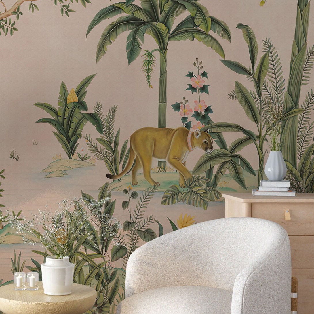 Antique Jungle Landscape Mural Wallpaper Peel and Stick - Tropical ...