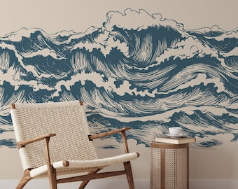 Nautical Blue Waves on Neutral Background Removable Wallpaper Roll - Modern Coastal Japanese Ocean Waves Renters Temporary Wallpaper Mural