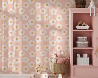 Scandinavian Girl Nursery Wallpaper Peel and Stick -Colorful Daisy Floral Temporary Wallpaper for Nursery,Pink Wallpaper for Baby Room Decor