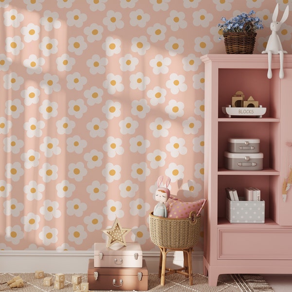 Scandinavian Girl Nursery Wallpaper Peel and Stick -Colorful Daisy Floral Temporary Wallpaper for Nursery,Pink Wallpaper for Baby Room Decor