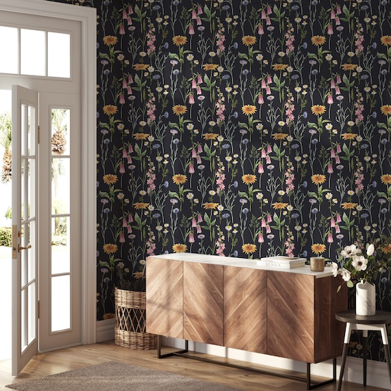Peel and Stick Wallpaper Floral Temporary Wallpaper Floral Wall Decor Botanical Wallpaper Large Floral Wallpaper Dark Wallpaper Modern Mural