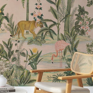Antique Jungle Landscape Mural Wallpaper Peel and Stick - Nature Mural with Tropical Animals Temporary Wallpaper EW122