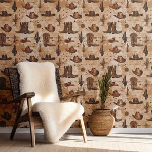 Dark Western Cowboy Theme Wallpaper Peel and Stick -  Vintage Wild West Cowboy Boots, Hut and Cactus  Self Adhesive Wallpaper for Renters