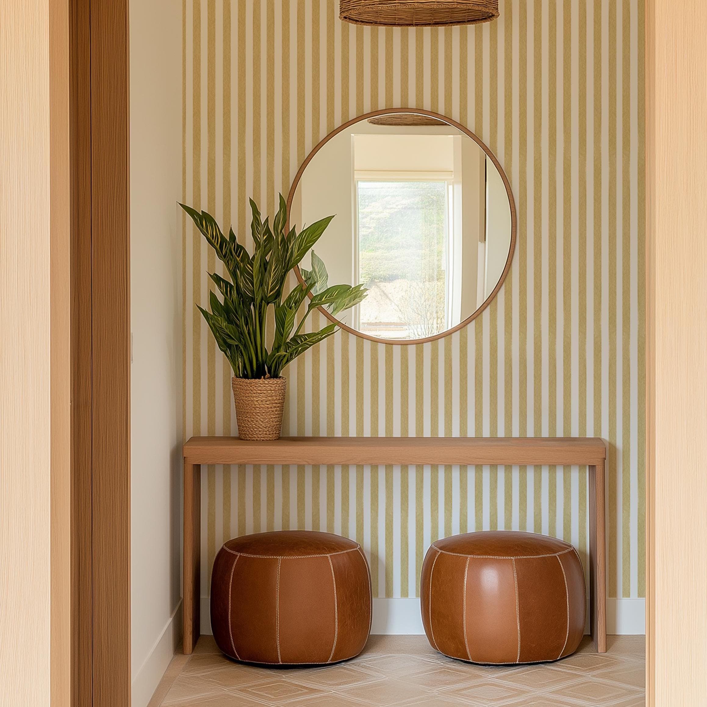 Vertical Mustard Stripe Wallpaper Peel and Stick - Neutral Tone Yellow Striped Renter Friendly Wallpaper, Modern Aesthetic Farmhouse Design