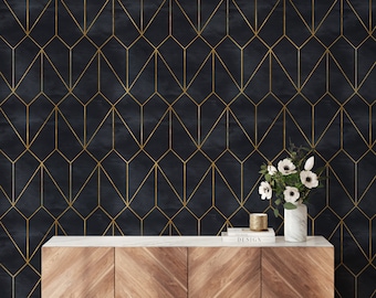 Peel and Stick Wall Geometric Decor Wallpaper Dark Art Deco Wallpaper Large Scale Mural Renters Wallpaper