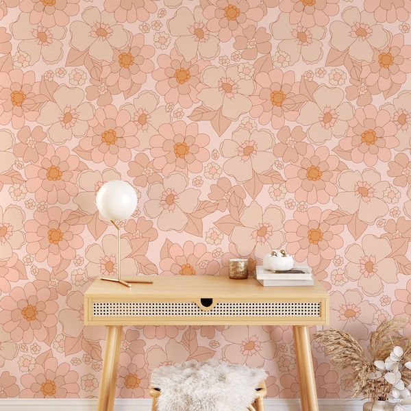 Retro Wallpaper Removable Wall Mural 70s Wallpaper Girls Room Luxury Accent Floral Wallpaper