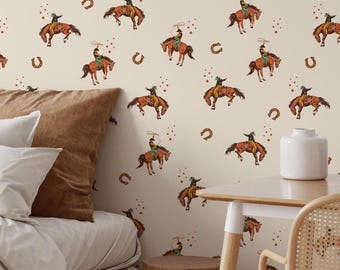 Western Texas Cowboy Peel and Stick Wallpaper - Trending Wild West Motif Cowboy and Horse in Neutral Color Temporary Accent Wall Design