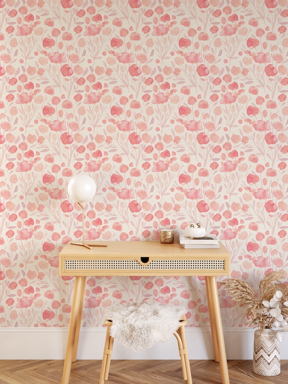 Peel and Stick Wallpaper Boho Pink Wallpaper Modern Mural Floral Wall Decor Watercolor Wallpaper Boho Wallpaper Girl Wallpaper