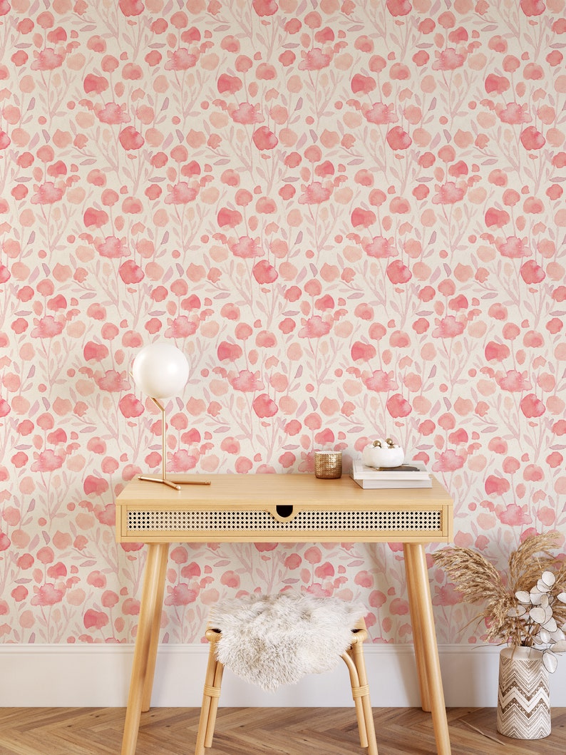 Peel and Stick Wallpaper Boho Pink Wallpaper Modern Mural Floral Wall Decor Watercolor Wallpaper Boho Wallpaper Girl Wallpaper image 1