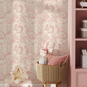 Pink Woodland Animals Wallpaper Peel and Stick with Mushroom and Flower - Forest Kids Room Temporary Wallpaper