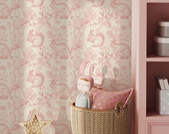 Pink Woodland Animals Wallpaper Peel and Stick with Mushroom and Flower - Forest Kids Room Temporary Wallpaper