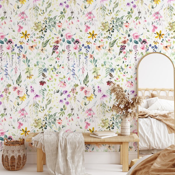 Peel and Stick Wallpaper Wild Garden Removable Wallpaper Floral Wallpaper Boho Wall Mural Garden Botanical Mural Girl Room Wallpaper