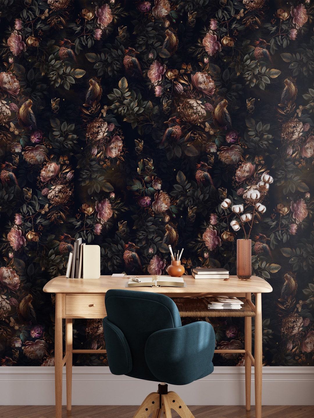 Dark Wallpaper Floral Mural Peel and Stick Botanical Wall Mural Black ...