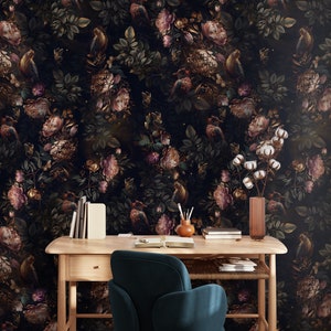 Dark Wallpaper Floral Mural Peel and Stick Botanical Wall Mural Black Wallpaper Vintage Floral Wallpaper Wall Mural Large Wallpaper